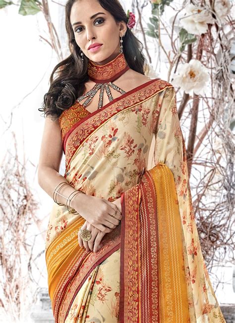 Buy Multi Colour Abstract Print Faux Georgette Printed Saree Online