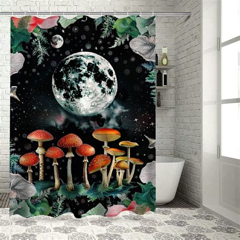 Onetech Moon Phase Shower Curtain Mushroom Moonlit Garden Starry Night