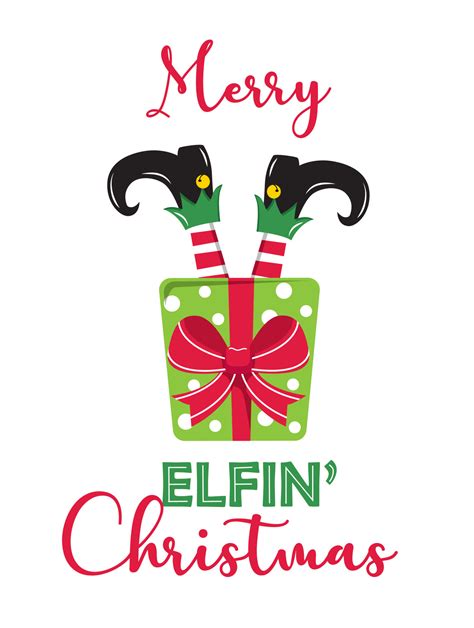 Merry Elfin Christmas Elf Stuck In Present Box Christmas Vector