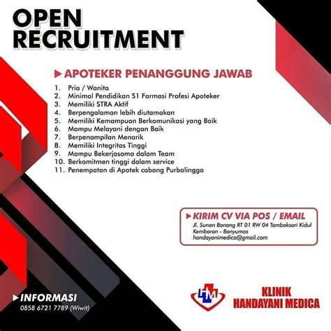 Lowongan Kerja APOTEKER PENANGGUNG JAWAB KLINIK HANDAYANI MEDICA Juli 2019