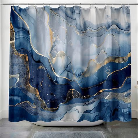 Ocean Waves Navy Blue Marble Shower Curtain Set Elegant Bathroom Decor