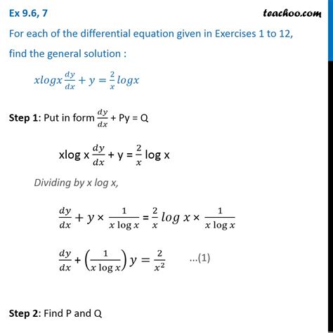 Ex 9 6 7 Find General Solution X Log X Dy Dx Y 2 X Log X