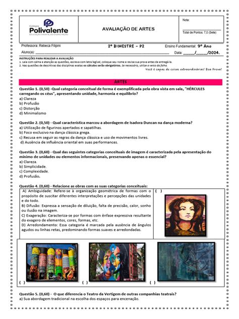 Prova De Artes 7 Ano