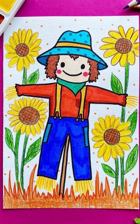 Easy how to draw a scarecrow tutorial video and scarecrow coloring page