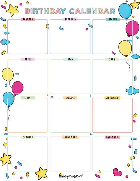 Birthday Calendar Template Printable - Marjy Deerdre