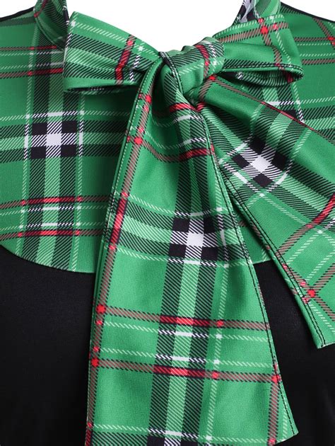 40 OFF 2020 Plaid Insert Pussy Bow Dress In GREEN DressLily
