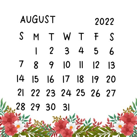 Calendário De Agosto De 2022 Decoração Floral Branca Vermelha PNG