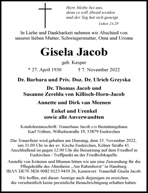 Traueranzeigen Von Gisela Jacob Wirtrauern