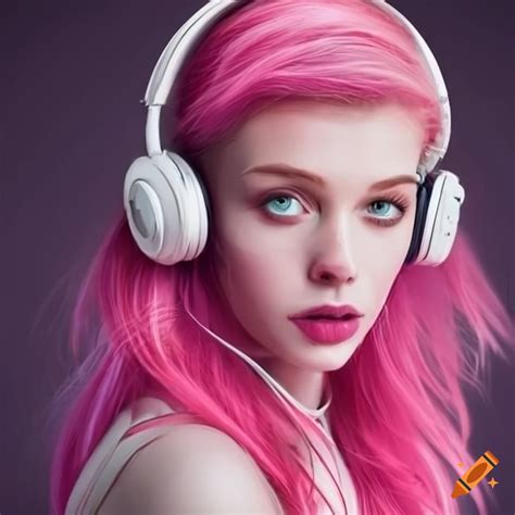 Portrait Of A Woman With Pink Hair Wearing Headphones On Craiyon