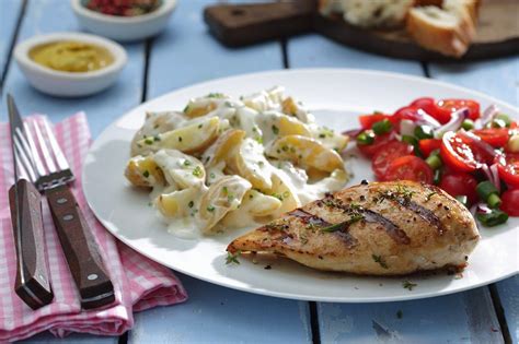 Grilled Chicken Breasts With Potato And Tomato Salads Recipe Eat