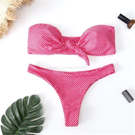 Cute Polka Dot Thong Bikini Set Sexy Bandeau Brazilian Bikini Set Bow