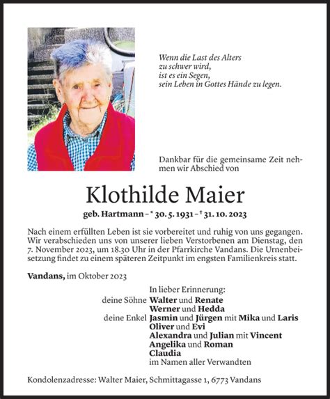 Todesanzeigen Von Klothilde Maier Todesanzeigen Vorarlberger Nachrichten