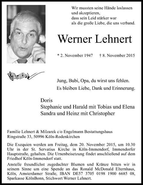 Traueranzeigen Von Werner Lehnert Wirtrauern