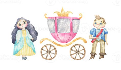 Watercolor Royal Illustration Prince And Princess Near Pink Carriage