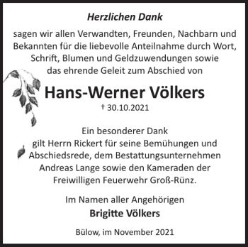 Traueranzeigen Von Hans Werner V Lkers Trauer Nordkurier