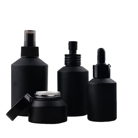 Slant Shoulder Matte Black Skin Care Set Glass Cosmetic Bottle