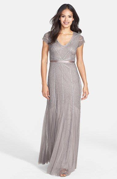 Adrianna Papell Beaded Mesh V Neck Trumpet Gown Mother Of Groom