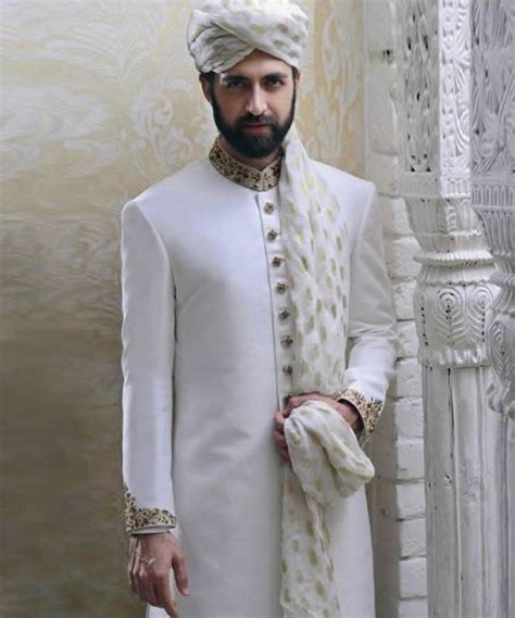 White Gorgeous Embellished Jamawar Sherwani Suit For Modern Groom