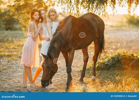 Three Young Women Are Standing Next To Horse At Sunset Stock Photo