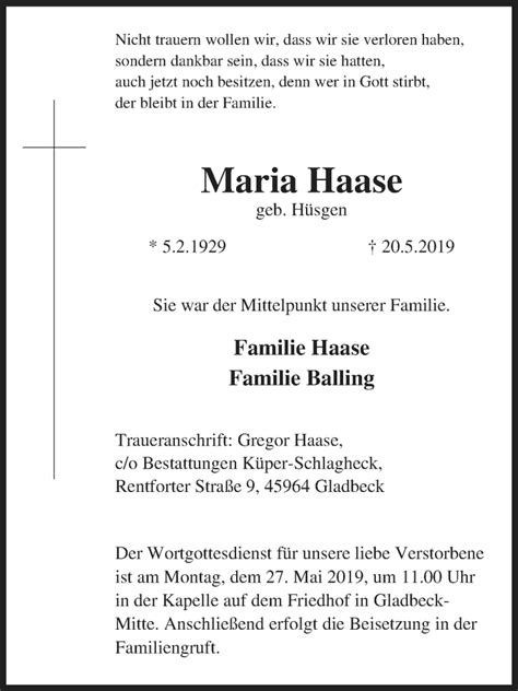 Traueranzeigen Von Maria Haase Trauer In Nrw De