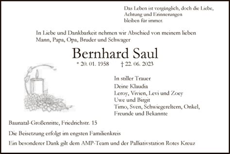 Traueranzeigen Von Bernhard Saul Trauer Hna De