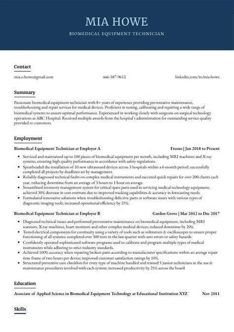 Biomedical Equipment Technician Resume (CV) Example and Writing Guide