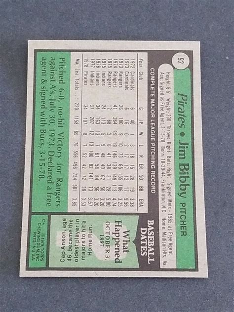 1979 TOPPS PITTSBURGH PIRATES BASEBALL 92 JIM BIBBY NR MINT SHARP