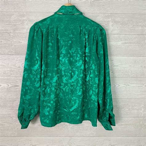 Vintage Tops Vintage 8s Satin Jacquard Pussy Bow High Neck Pleated Blouse M Chic Poshmark