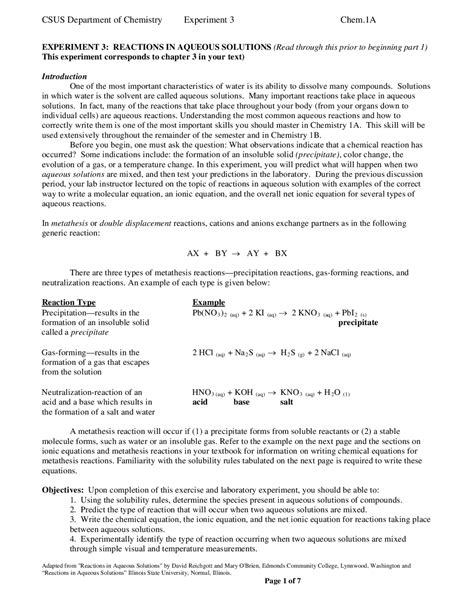 Reactions In Aqueous Solutions Experiment Lab Reports Chemistry