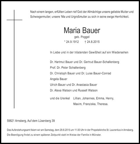 Traueranzeigen Von Maria Bauer Trauer In Nrwde