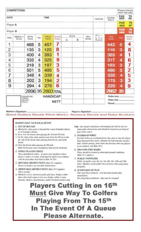 Scorecard 9 Holes - Ramsey Golf and Bowls Club