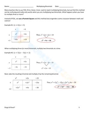 Grade Multiplying Binomials Worksheets