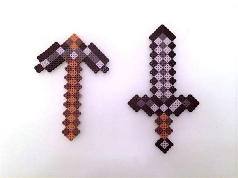 Set Of 2 Minecraft Stone Sword And Pick Axe Made With Perler Beads