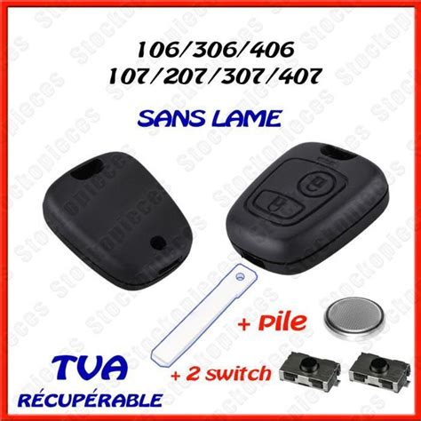 PLIP CLE COMPATIBLE PEUGEOT 307 107 207 307sw 2 Switch Bouton Pile