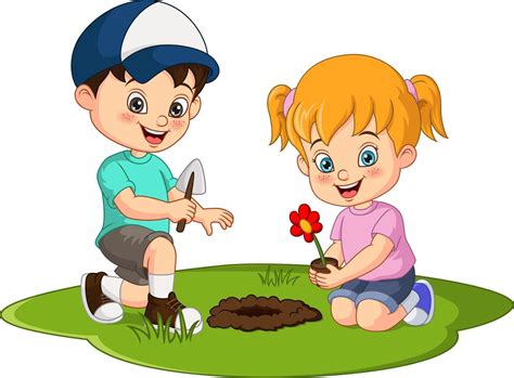 cute  kids planting flower plant   garden  vector art