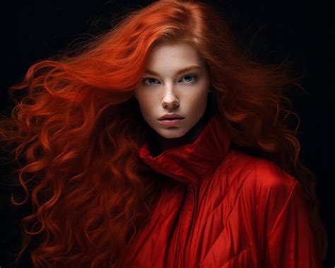 Una Mujer Con El Pelo Largo Y Rojo Posando Frente A Un Fondo Negro