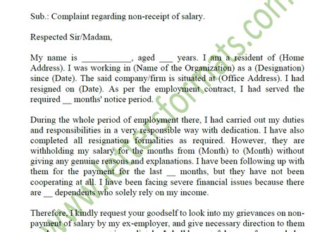 Draft Letter To Labour Commissioner For Non Payment Of Salary