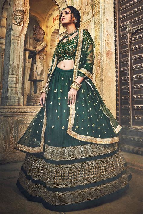 Buy Bottle Green Net Lehenga Choli With Floral Embroidery Online Like