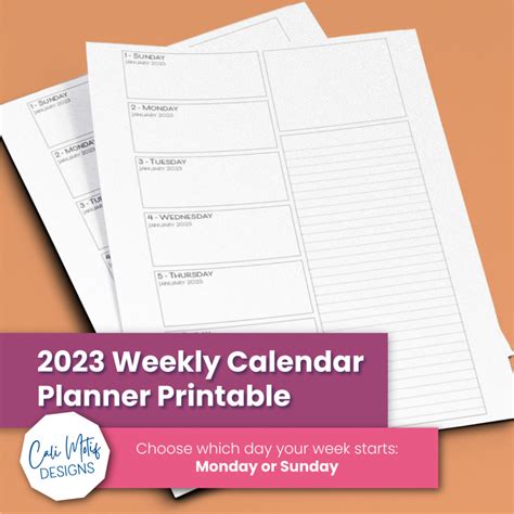 2023 Weekly Planner Printable, Week on 1 Page | Cali Motif Designs