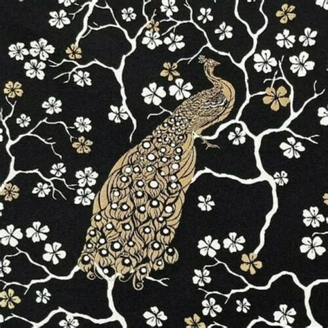 Golden Peacock Bird Flowers Tree Japanese Motif Woven Fabric Etsy