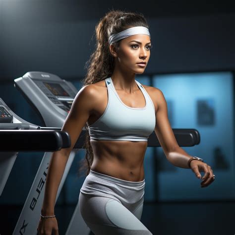 Premium Photo | Female athlete sprinting on a treadmill in a white backdrop