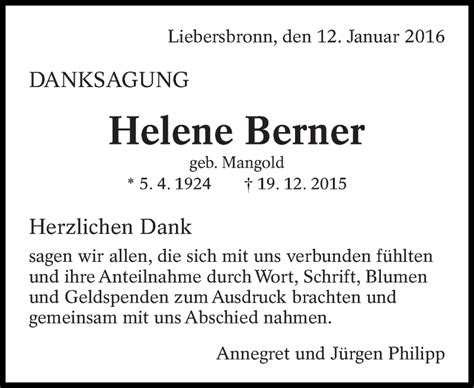 Traueranzeigen Von Helene Berner Zeit Des Gedenkens De