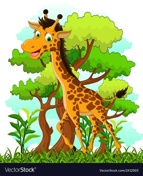 Giraffe Cartoon On Forest Background Royalty Free Vector