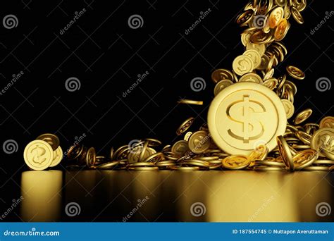 Many Gold Coin Drop To Big Gold Coin On Black Background Copy Space 3d