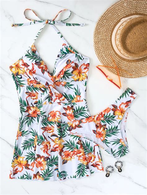 Summer Beach Random Tropical Print Twist Front Bikini Swimsuit SHEIN UK