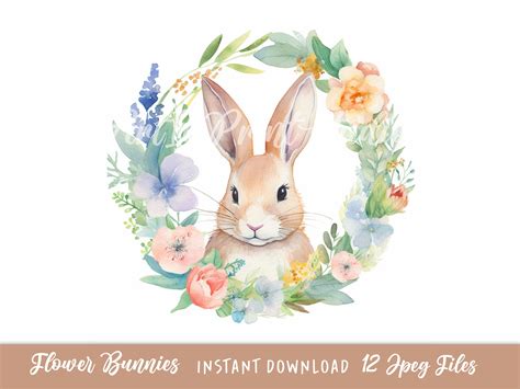 Bunnies With Flower Wreaths Clipart 12 High Quality Jpgs Digital