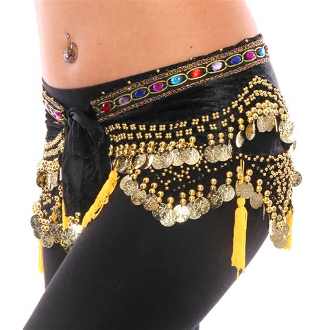 Arabesque Black Velvet Belly Dancer Hip Scarf With Coins And Tassels