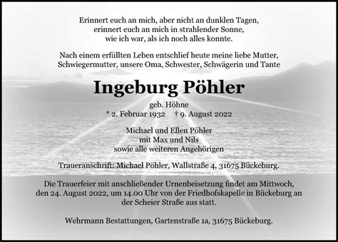 Traueranzeigen Von Ingeburg P Hler Trauer Anzeigen De