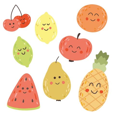 Premium Vector Vector Set Of Cute Fruits Funny Kawaii Fruit