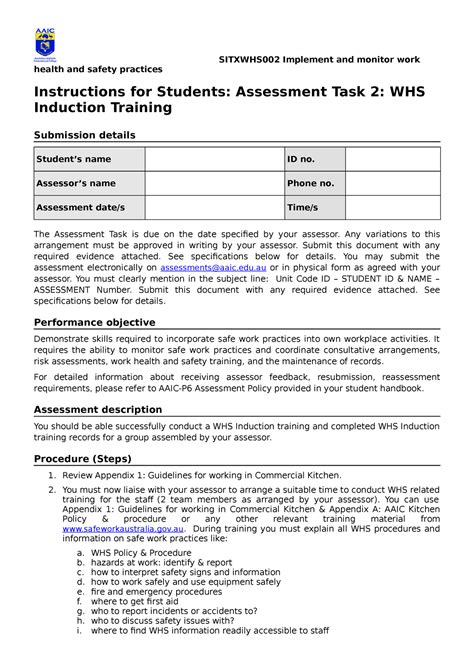 At Whs Induction Training Health And Safety Practices Instructions